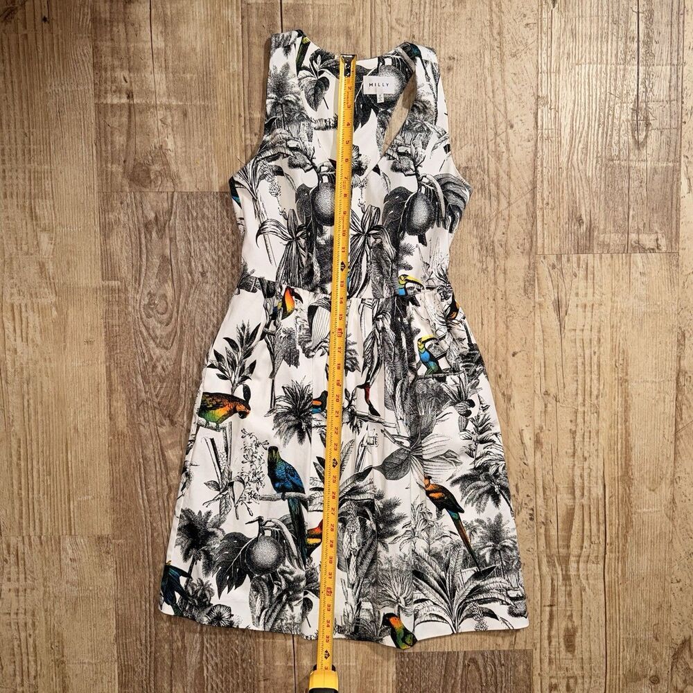 MILLY Fit & Flare Dress 0 NWOT White Black Tropical Print Sleeveless Lined USA - Picture 3 of 6